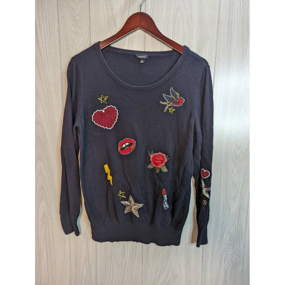 Torrid Graphic Patch Black Sweater Long Sleeve Womens Size 0X Large L - Picture 1 of 8